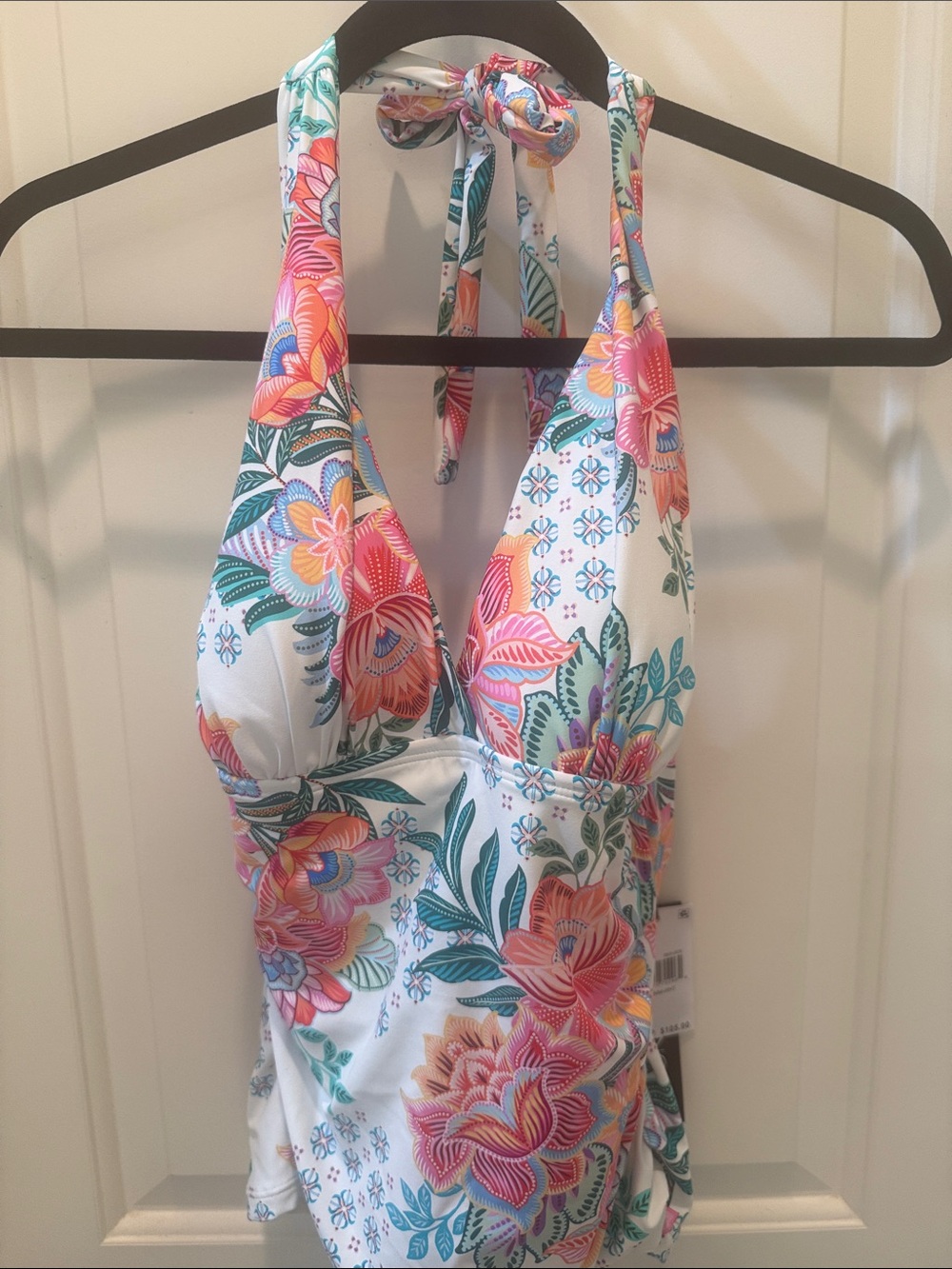 La Blanca Floral Halter top Swimsuit in White with Pink & Teal Flowers